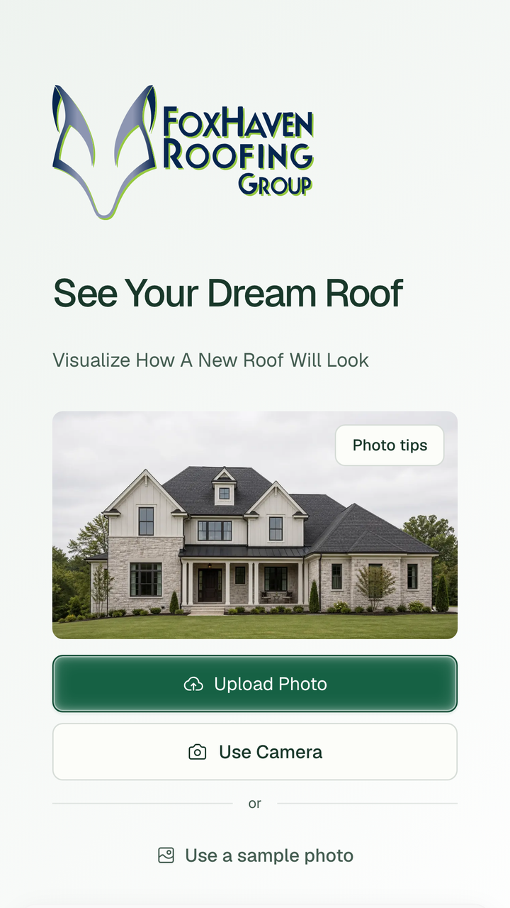 The FoxHaven roof visualizer on a phone, ready for a photo of your house