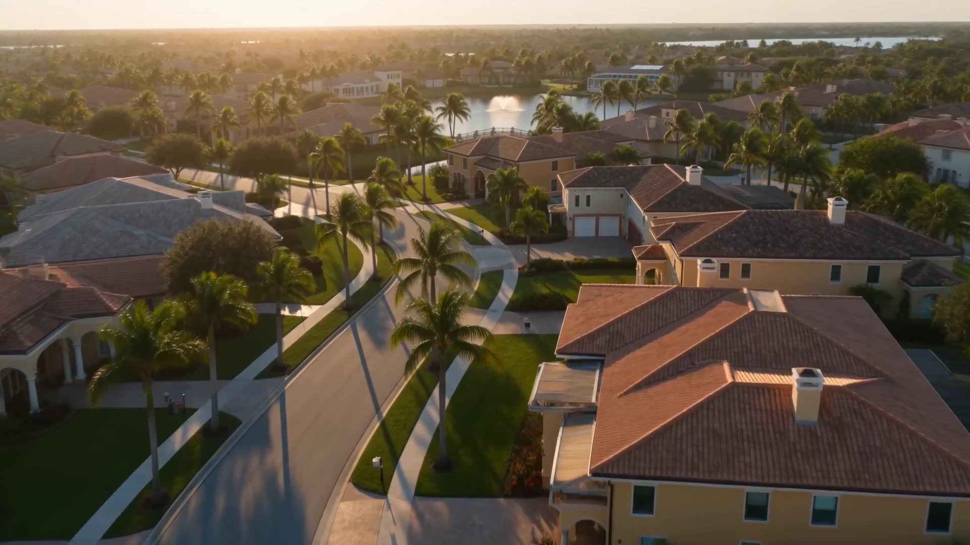 Aerial view of tile-roofed homes around a lake in a Wellington community