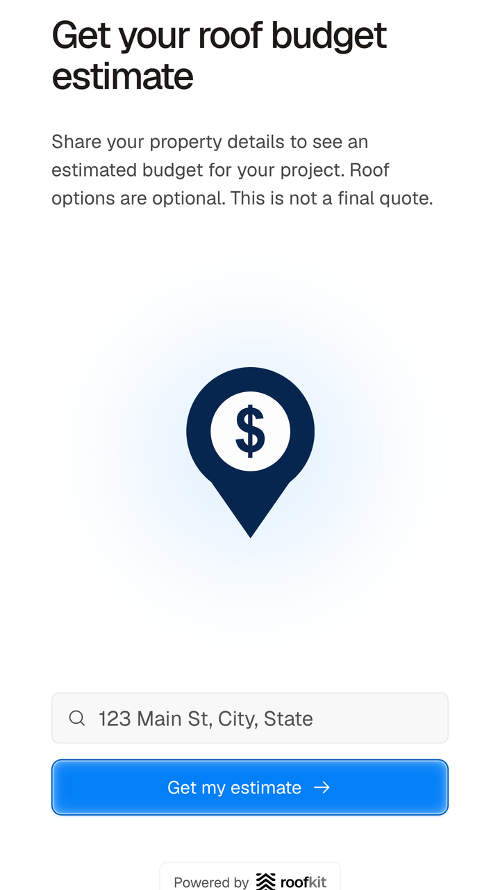 The FoxHaven instant roof quote on a phone, asking for your property details