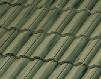 Close-up view of greenish-gray corrugated roof tiles arranged in overlapping rows, creating a repetitive wave-like pattern.