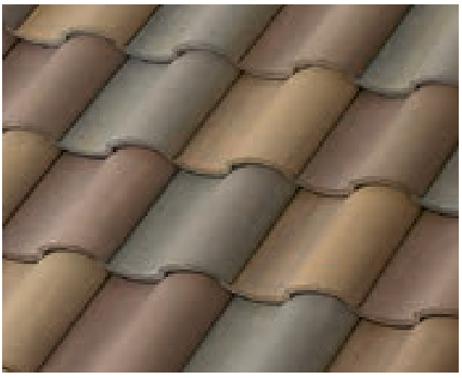Close-up of overlapping, curved roof tiles in muted shades of brown, tan, and gray, arranged in a repeating, wavy pattern.