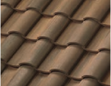 Close-up view of brown, overlapping clay roof tiles arranged in a repeating, wavy pattern.