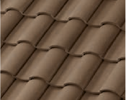 Close-up view of overlapping brown ceramic roof tiles arranged in a wavy, repeating pattern.