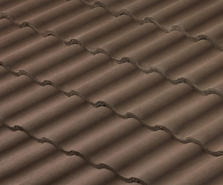 Close-up view of brown wavy roof tiles arranged in neat, overlapping rows, creating a repetitive and textured pattern.
