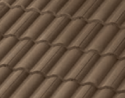 Close-up view of brown, wavy roof tiles arranged in a repeating pattern, creating a textured and uniform surface.