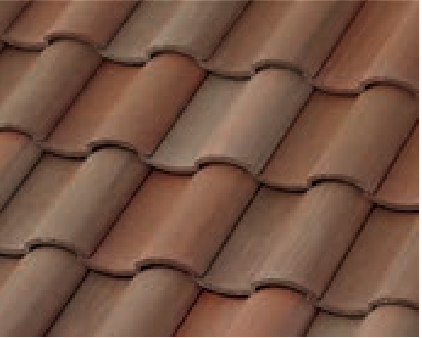 Close-up view of overlapping brown and reddish clay roof tiles arranged in a neat, repeating pattern.