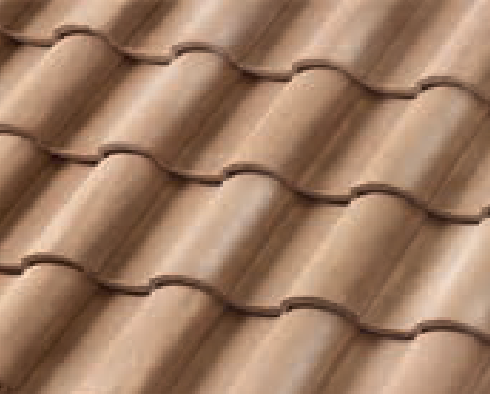 Close-up of brown, wavy clay roof tiles arranged in a repeating overlapping pattern, creating a textured and uniform surface.