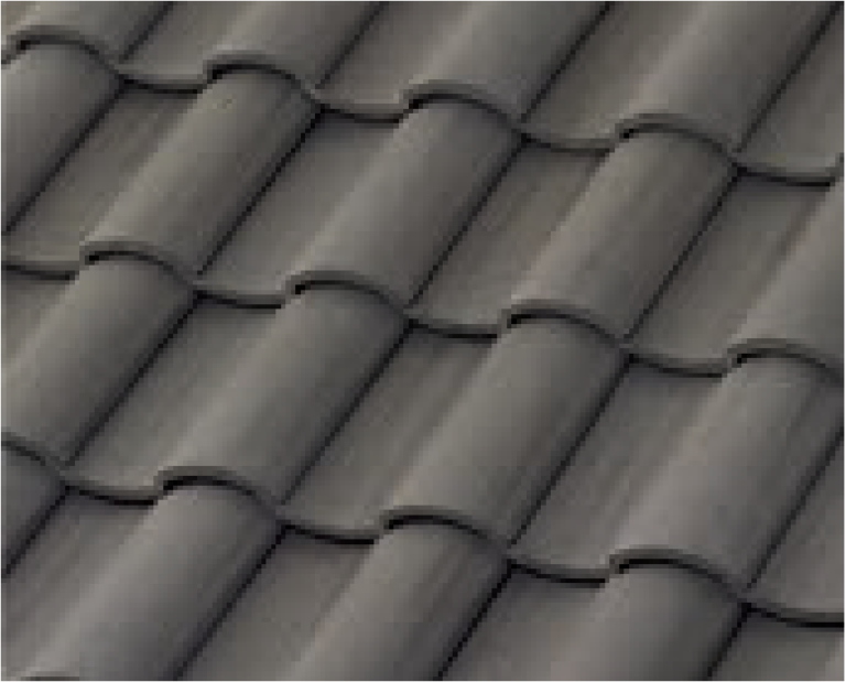 Close-up view of overlapping gray roof tiles arranged in neat, horizontal rows, creating a textured and patterned surface.