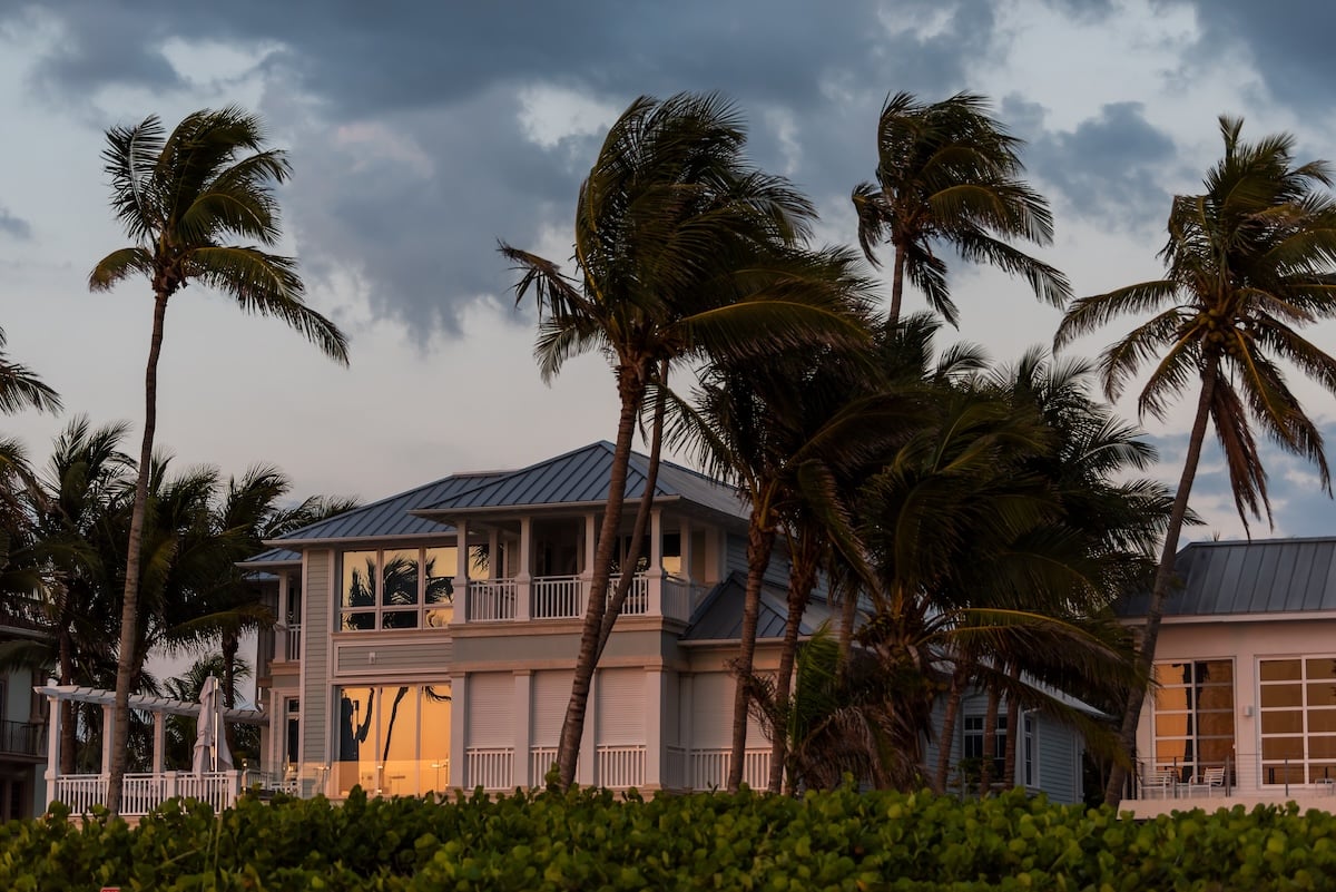 A two-story beach house is surrounded by tall palm trees swaying in the wind