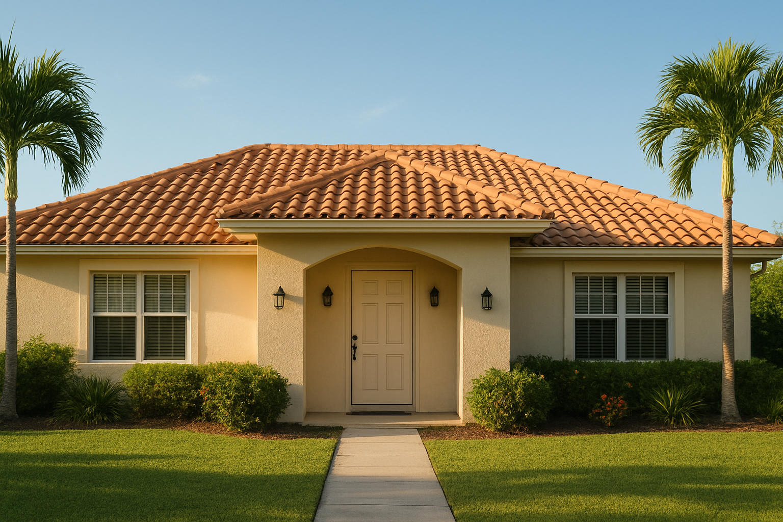 Single-story house with a tan exterior and red tile roof, centered front door under a small porch, two windows on either side, green lawn, shrubs, and two tall palm trees framing the scene.