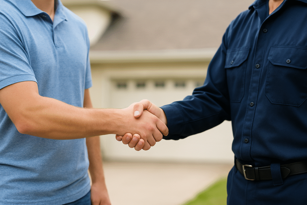 Two people shake hands outdoors in front of a house; one wears a light blue polo shirt, and the other wears a dark blue uniform shirt, symbolizing an agreement or a friendly interaction.