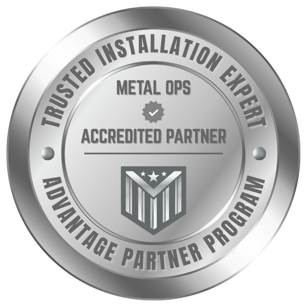 A round silver badge with the text "Trusted Installation Expert" and "Advantage Partner Program" around the edge. In the center are the phrases "Metal Ops," "Accredited Partner," and a shield logo with stars and stripes.