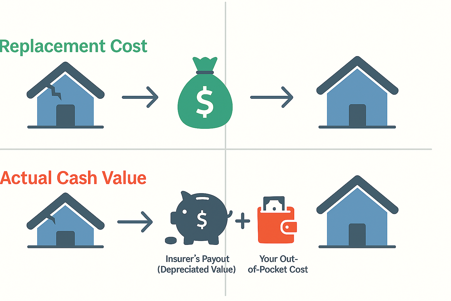 A diagram comparing replacement cost and actual cash value insurance. Replacement cost pays for a new house, while actual cash value pays depreciated value plus additional out-of-pocket cost to restore the house.