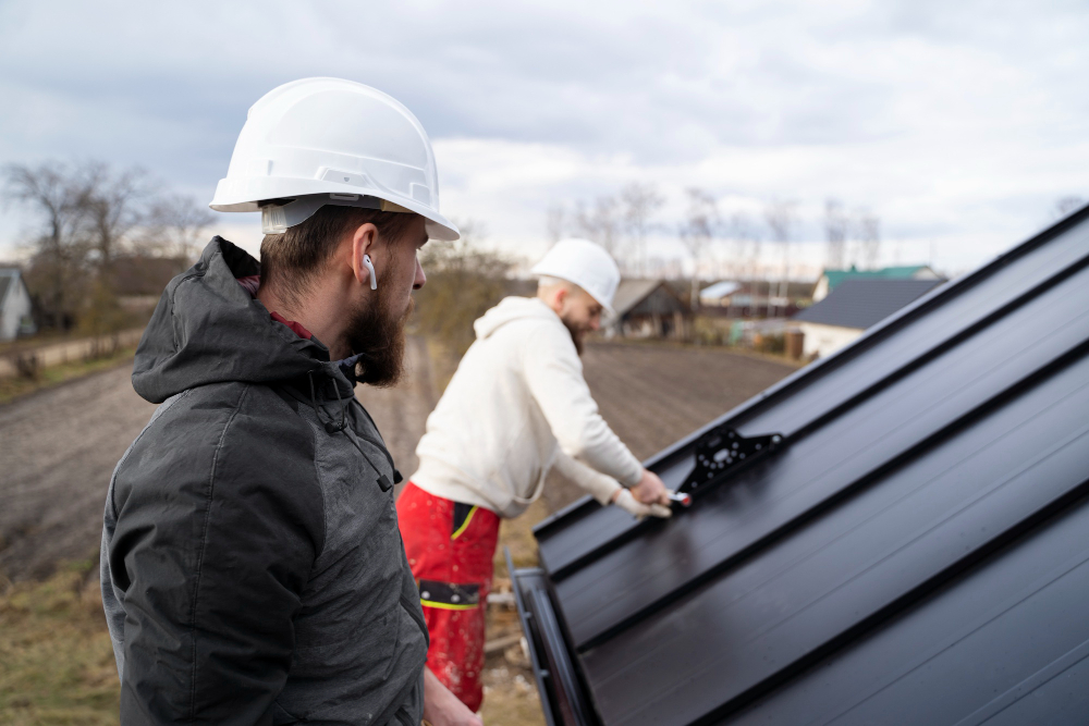 Two construction workers wearing white hard hats install black metal roofing on a building. One is in focus, observing, while the other works with a tool. The background features a rural landscape with fields and houses.