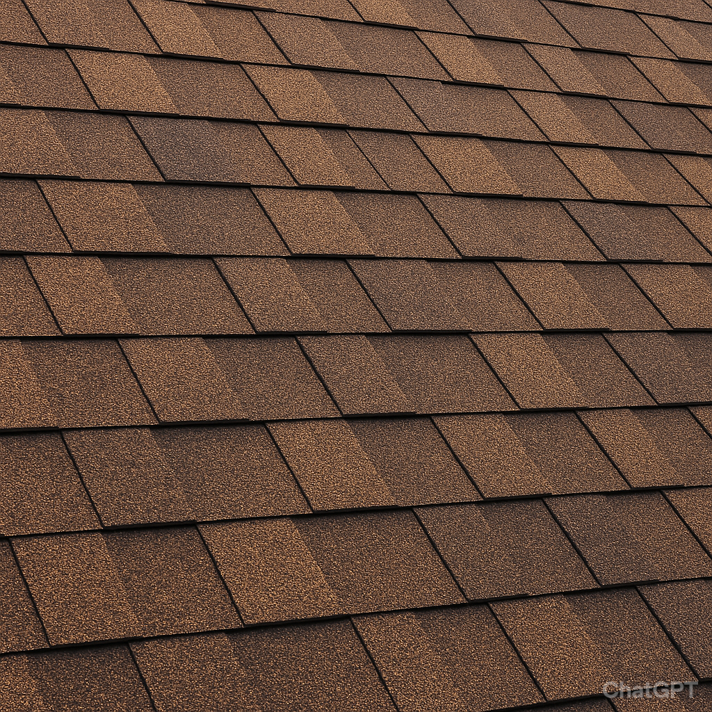 Close-up view of a roof covered with overlapping brown asphalt shingles arranged in neat, diagonal rows. The textured surface creates a uniform, patterned appearance.