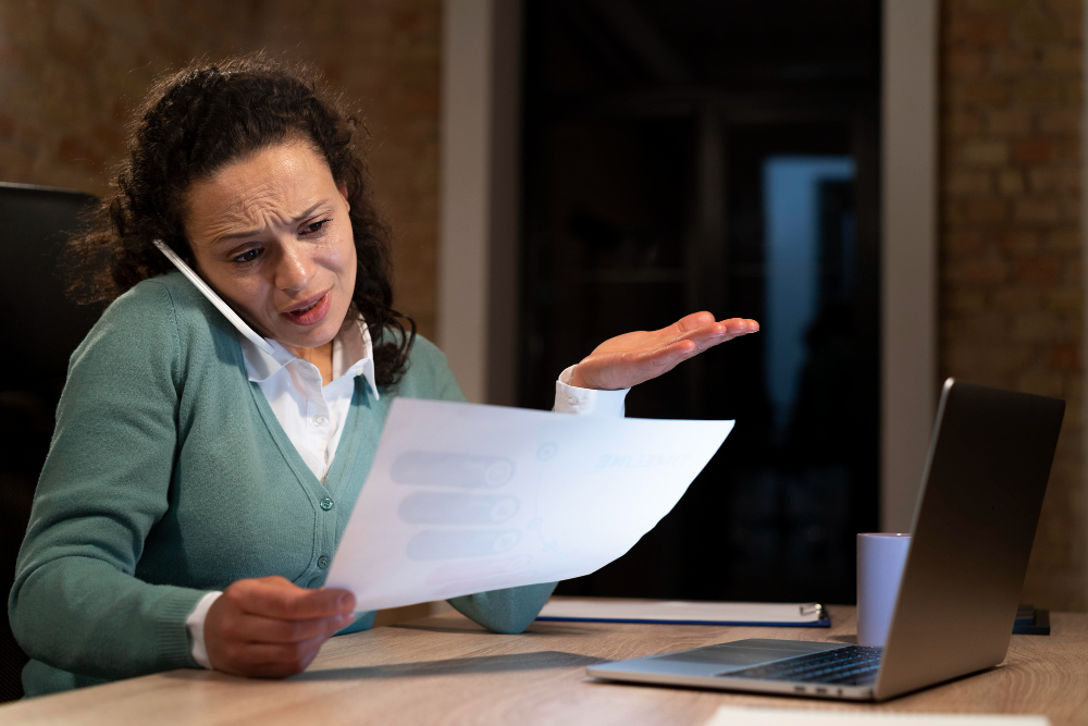 A woman sits at a desk, talking on the phone while looking confused at a piece of paper. She gestures with her hand in frustration, with a laptop and coffee mug in front of her.