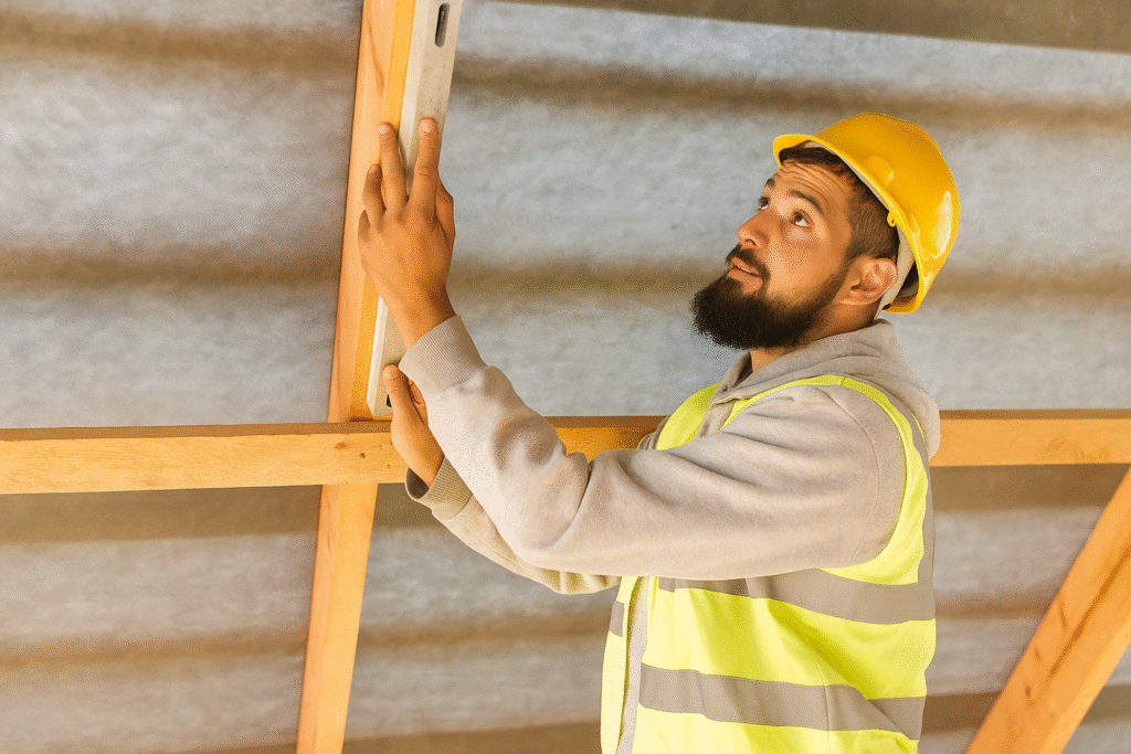 A construction worker wearing a yellow hard hat and reflective vest uses a spirit level to check a wooden beam during a building project.