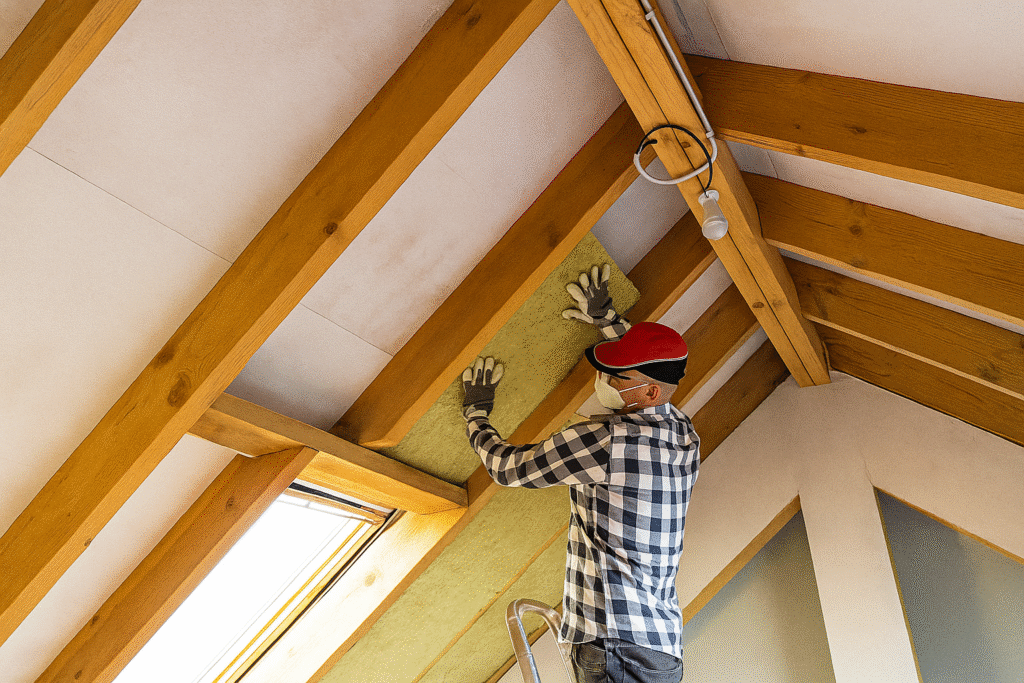 A person wearing a red cap, gloves, and a mask installs insulation material between wooden beams in an attic with a slanted ceiling and exposed wood framing.