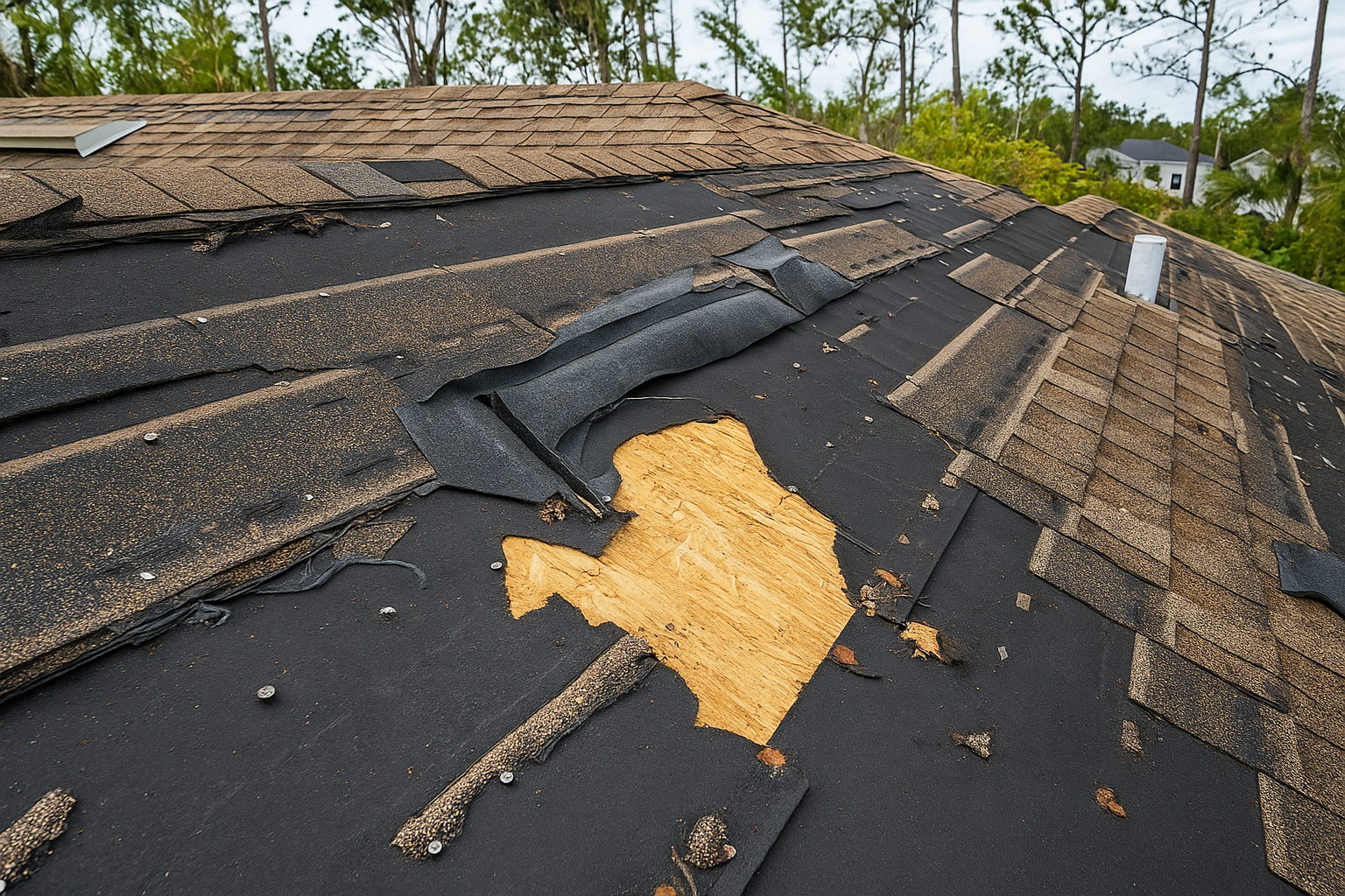 A house roof with missing and damaged shingles, exposing the black underlayment and a large area of bare plywood, likely from storm or wind damage. Trees and a neighboring house are visible in the background.