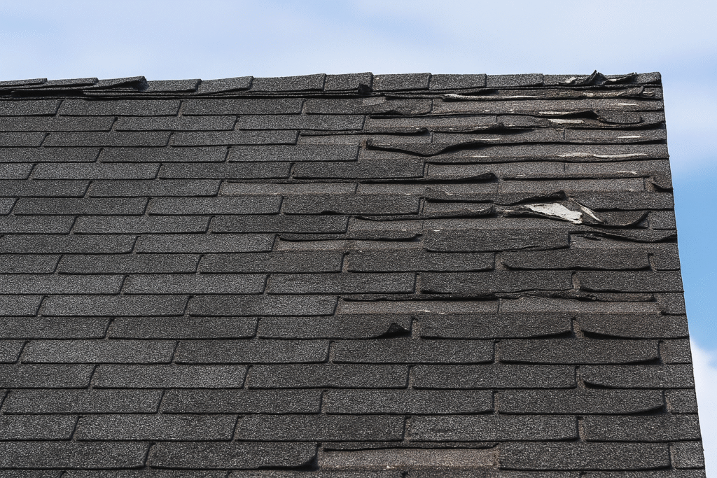 A roof with dark asphalt shingles showing significant damage; several shingles on the right side are curled, lifted, or missing, exposing the underlayment. The sky is partly visible in the background.