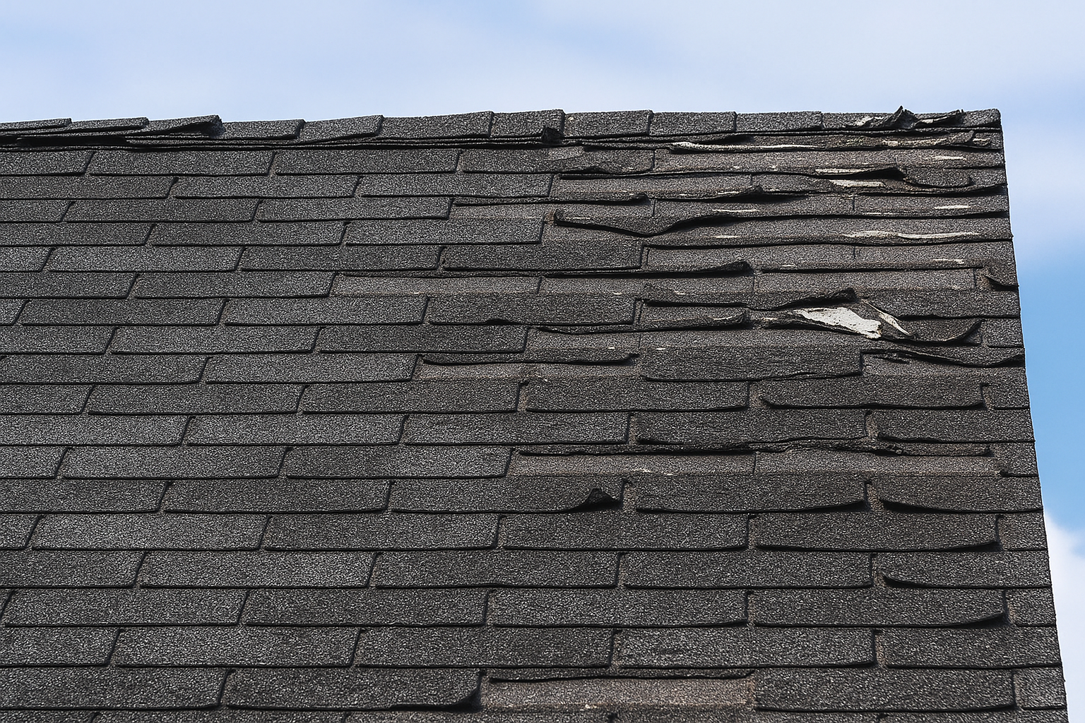 A roof with dark asphalt shingles showing significant damage; several shingles on the right side are curled, lifted, or missing, exposing the underlayment. The sky is partly visible in the background.