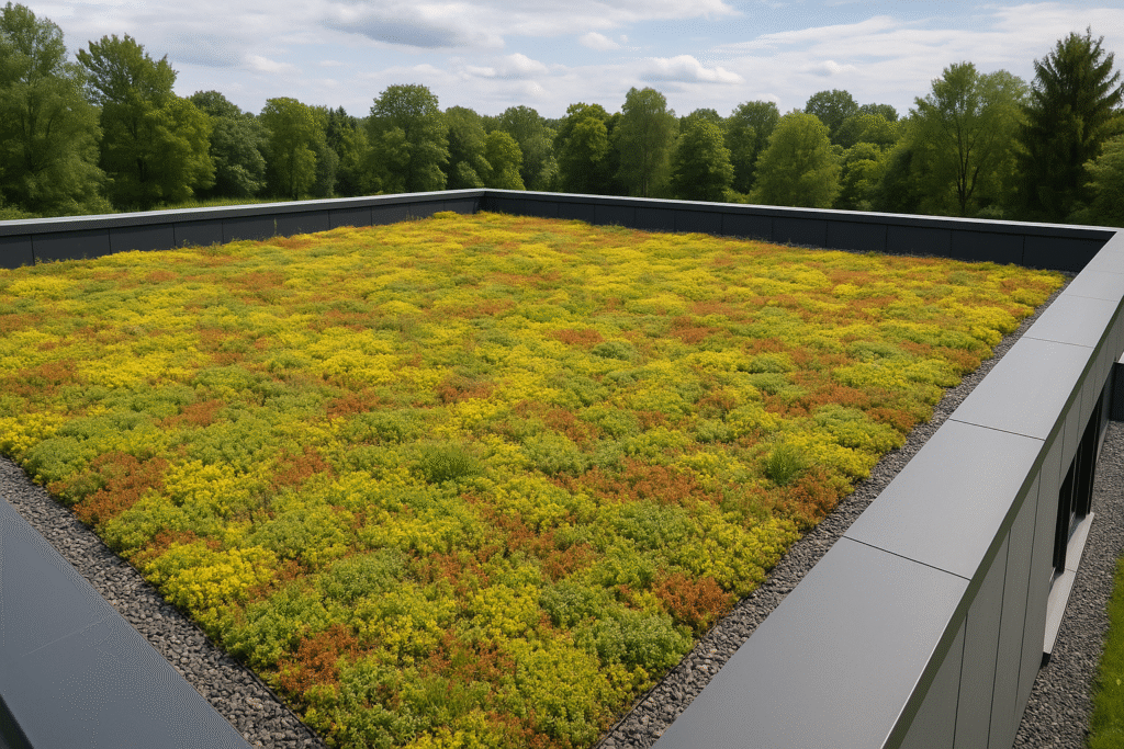 A flat rooftop covered with green, yellow, and reddish sedum plants, bordered by gray gravel, surrounded by lush green trees under a partly cloudy sky.
