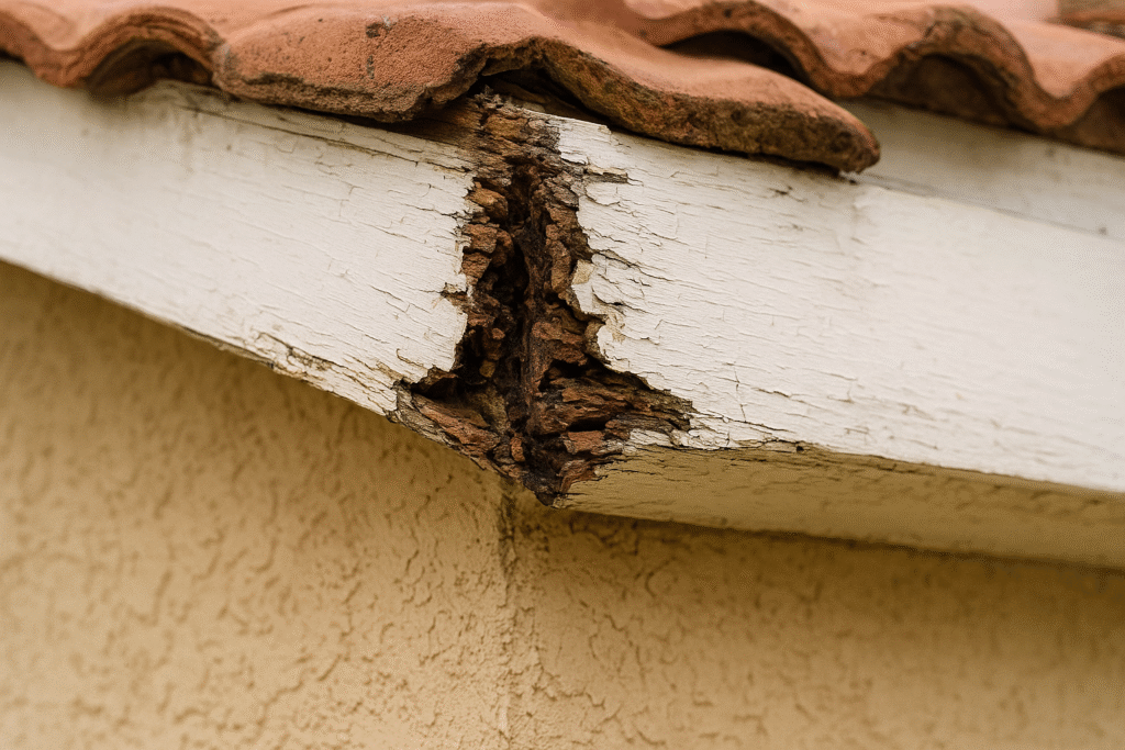 Close-up of a roof edge with terracotta tiles, showing significant wood rot and damage at the corner of the white fascia board above a beige stucco wall.