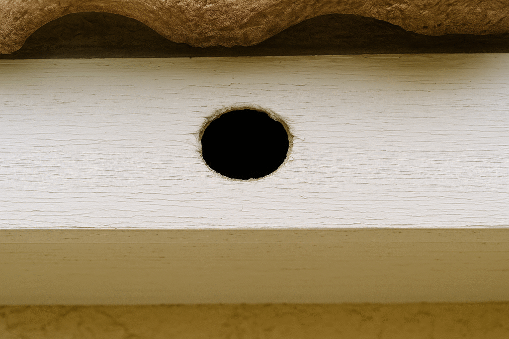 A close-up of a white wooden board with a round hole in the center, possibly part of a soffit or eave under a roof with brown textured shingles above.