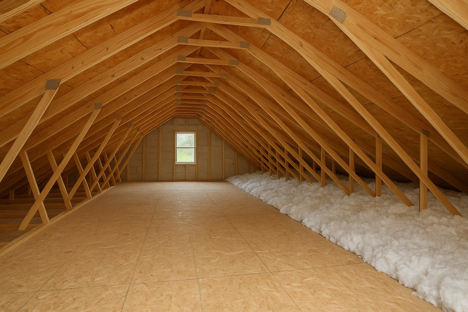 Unfinished attic with wooden beams and plywood flooring, featuring a single window at the far end. Loose white insulation is spread along the right side near the angled roof.