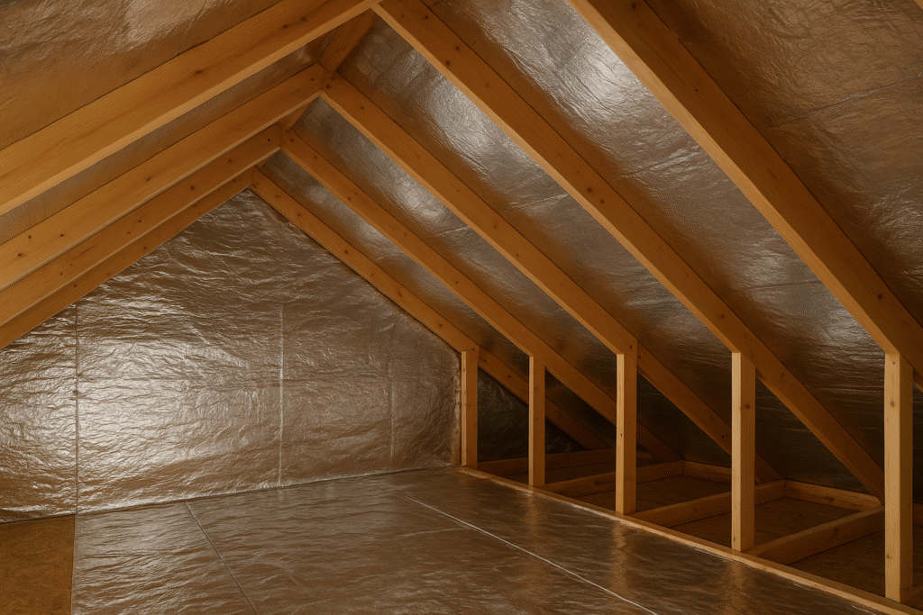 Unfinished attic with wooden beams and rafters, all surfaces covered in shiny metallic insulation, creating a clean, reflective appearance. No objects or windows are visible.