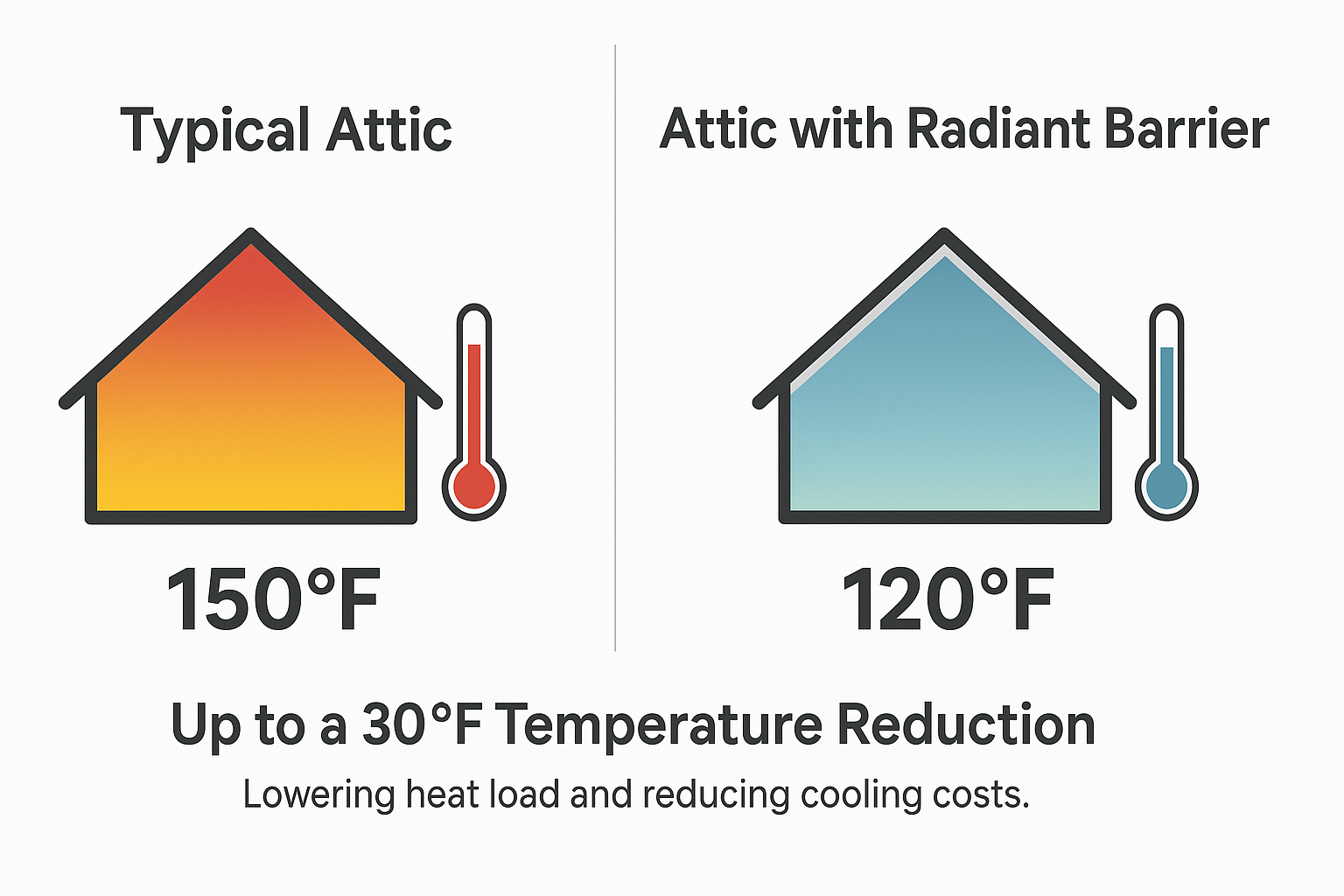 A comparison graphic shows a typical attic at 150°F and an attic with a radiant barrier at 120°F, illustrating up to a 30°F temperature reduction and lower cooling costs.