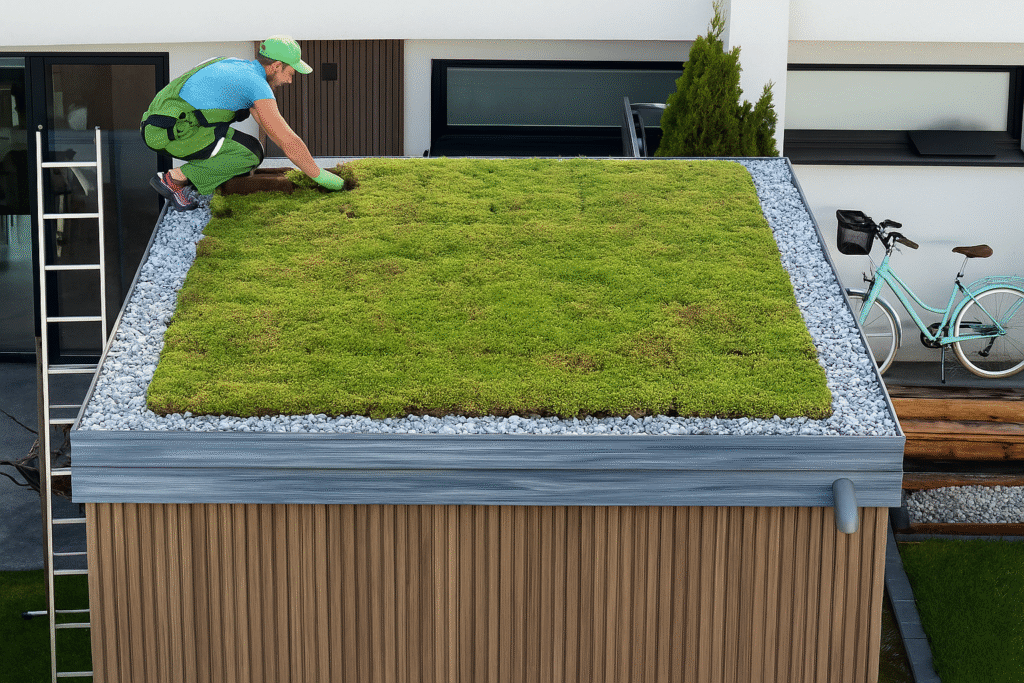 A gardener in green overalls tends to a green roof covered with grass and moss on a modern shed, surrounded by a border of white stones. A ladder, a bicycle, and a small tree are visible nearby.