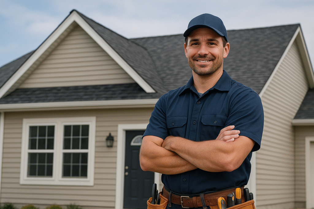 A smiling handyman in a blue uniform and cap stands with arms crossed in front of a beige house, wearing a tool belt with various tools.
