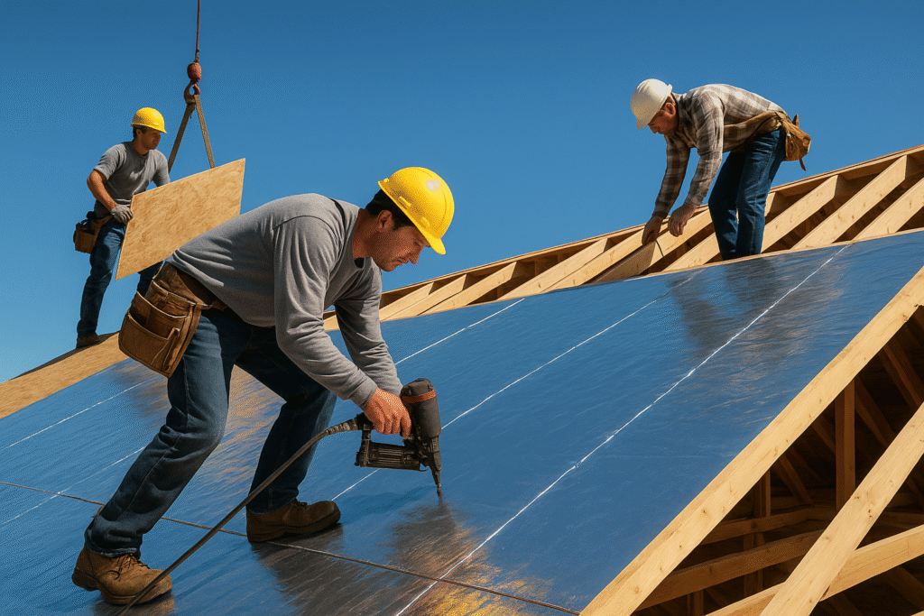 Three construction workers in safety gear and hard hats install large shiny panels on a wooden roof frame under a clear blue sky. One uses a nail gun, another handles a panel, and a third works in the background.