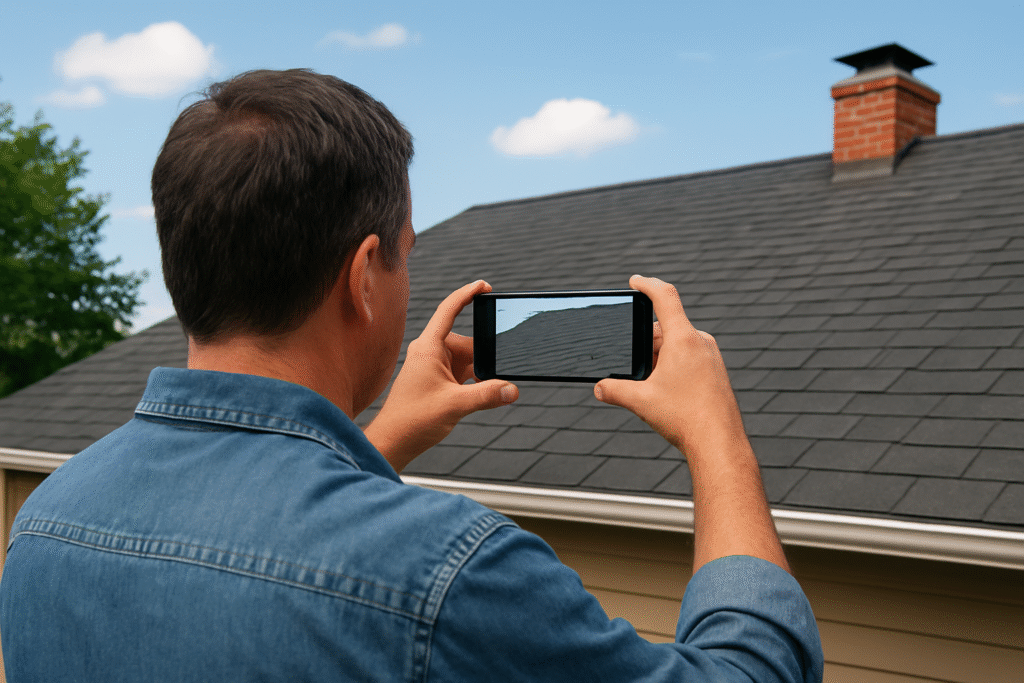 A man in a denim shirt stands outside, holding a smartphone and taking a photo of a house roof with dark shingles and a brick chimney under a blue sky with a few clouds.