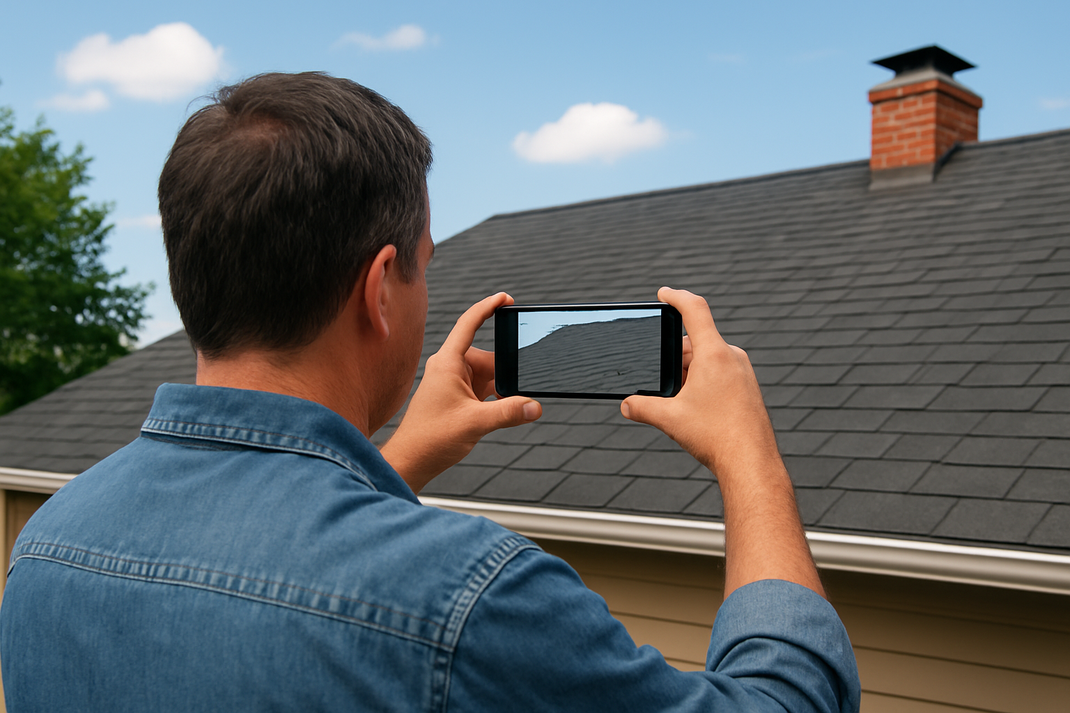 A man in a denim shirt stands outside, holding a smartphone and taking a photo of a house roof with dark shingles and a brick chimney under a blue sky with a few clouds.