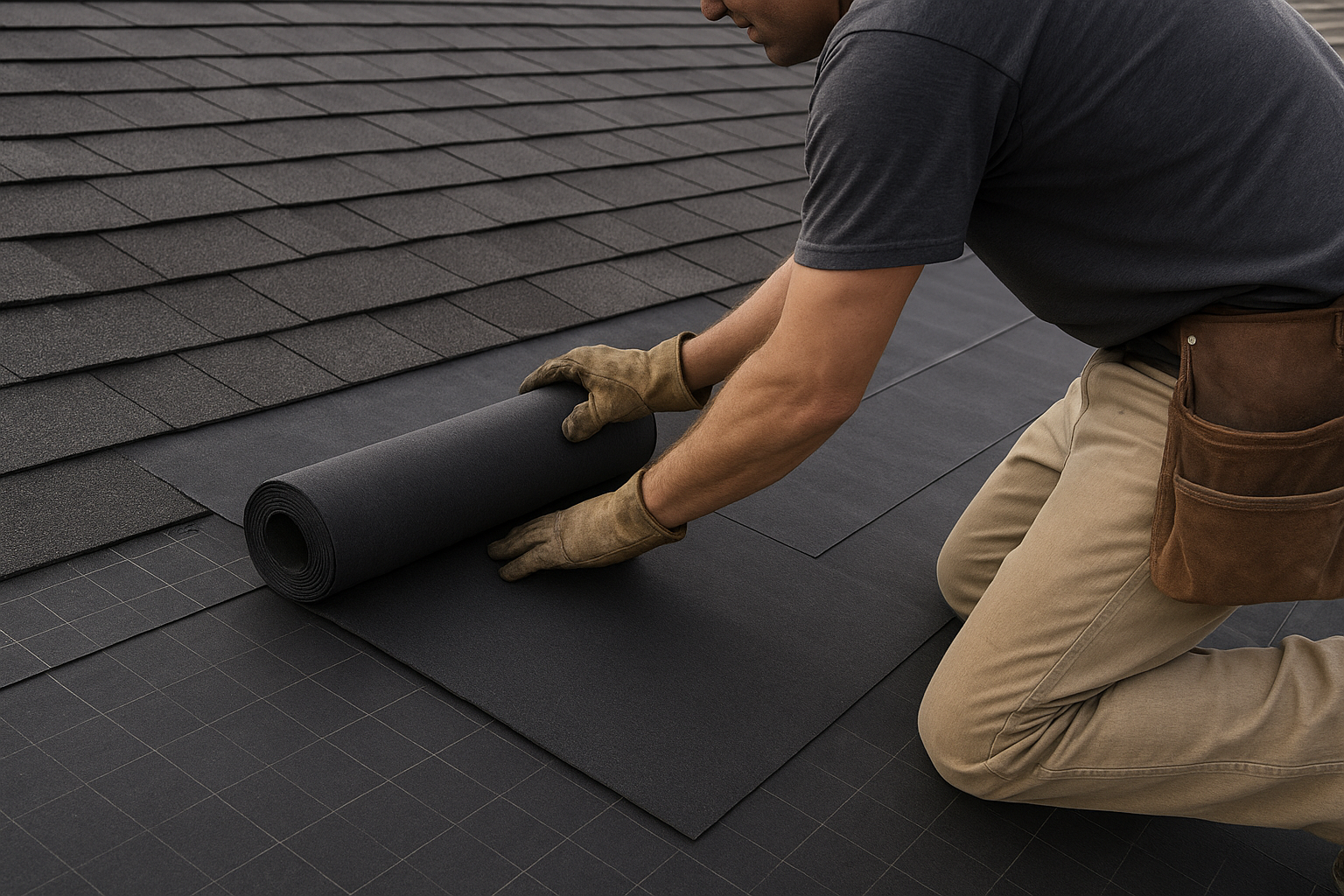 A person wearing gloves and a tool belt kneels on a shingled roof, unrolling black roofing underlayment over a grid-patterned surface, preparing for further roofing installation.