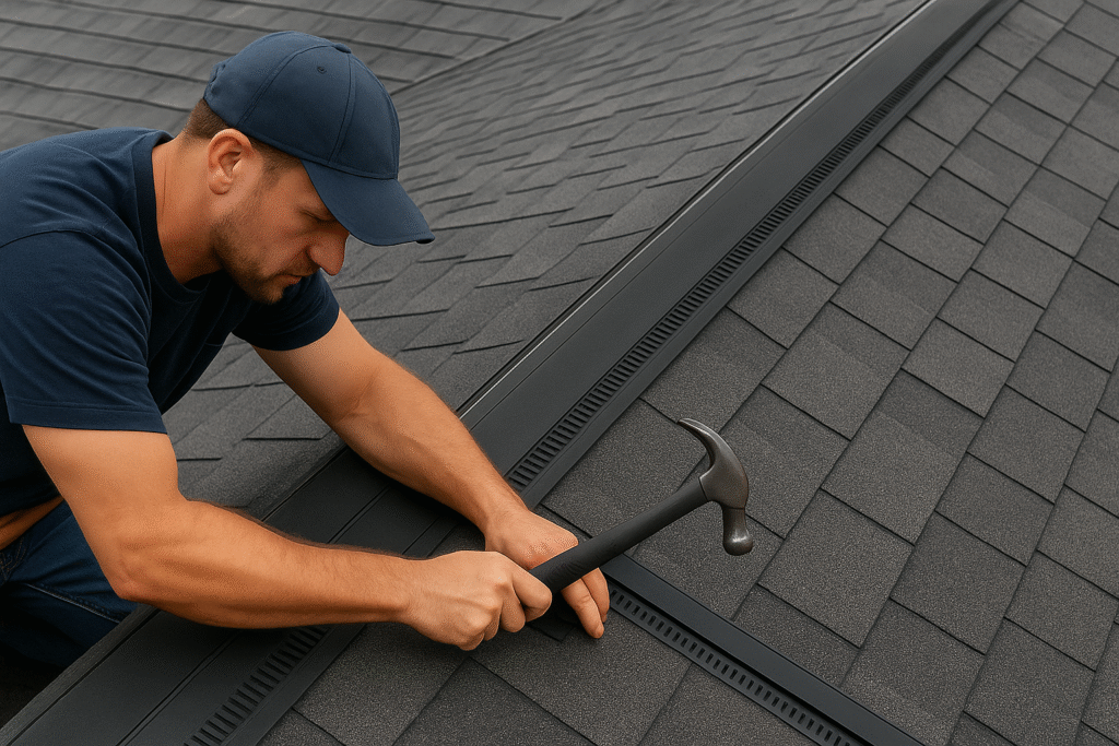 A man wearing a blue cap and shirt uses a hammer to fix or install shingles on a dark gray roof, focusing on his work.