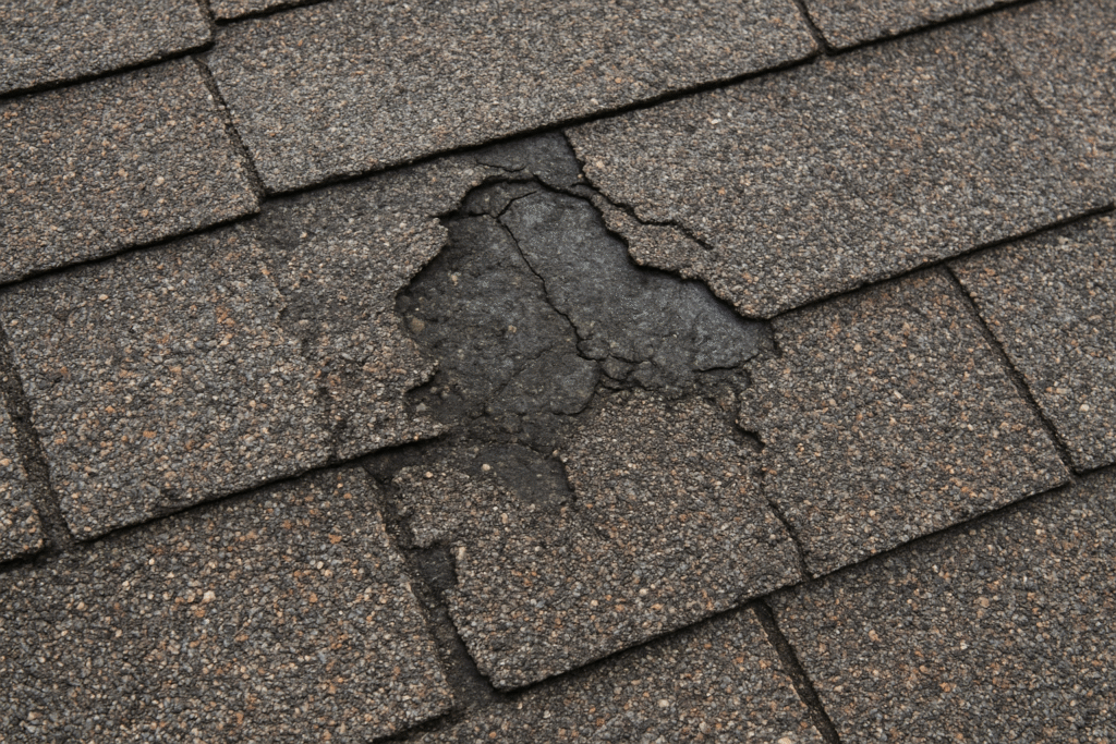 Close-up of a roof with asphalt shingles showing damage; several shingles are cracked and broken, exposing the dark underlayment beneath them.