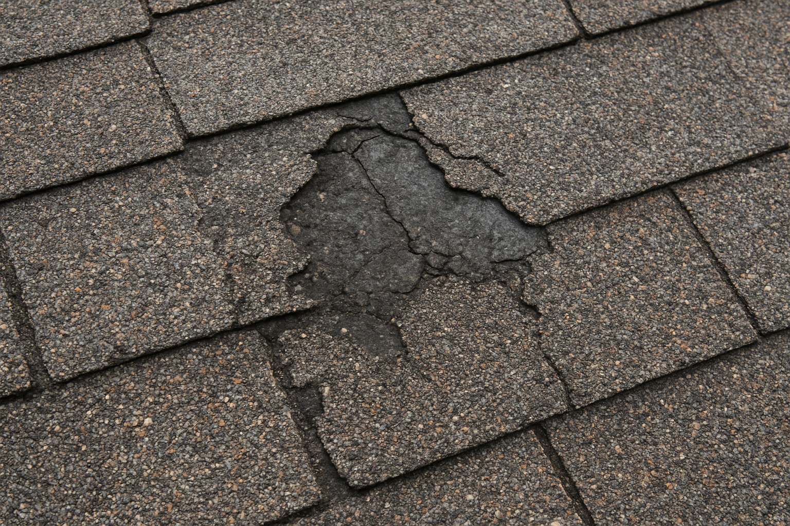 Close-up of a roof with asphalt shingles showing damage; several shingles are cracked and broken, exposing the dark underlayment beneath them.