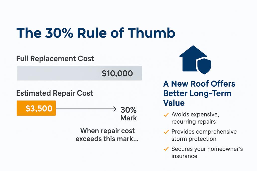 Infographic explaining the 30% rule for roof repair: If repair costs ($3,500) exceed 30% of $10,000 replacement cost, replacement is better. New roofs offer long-term value, fewer repairs, storm protection, and insurance security.
