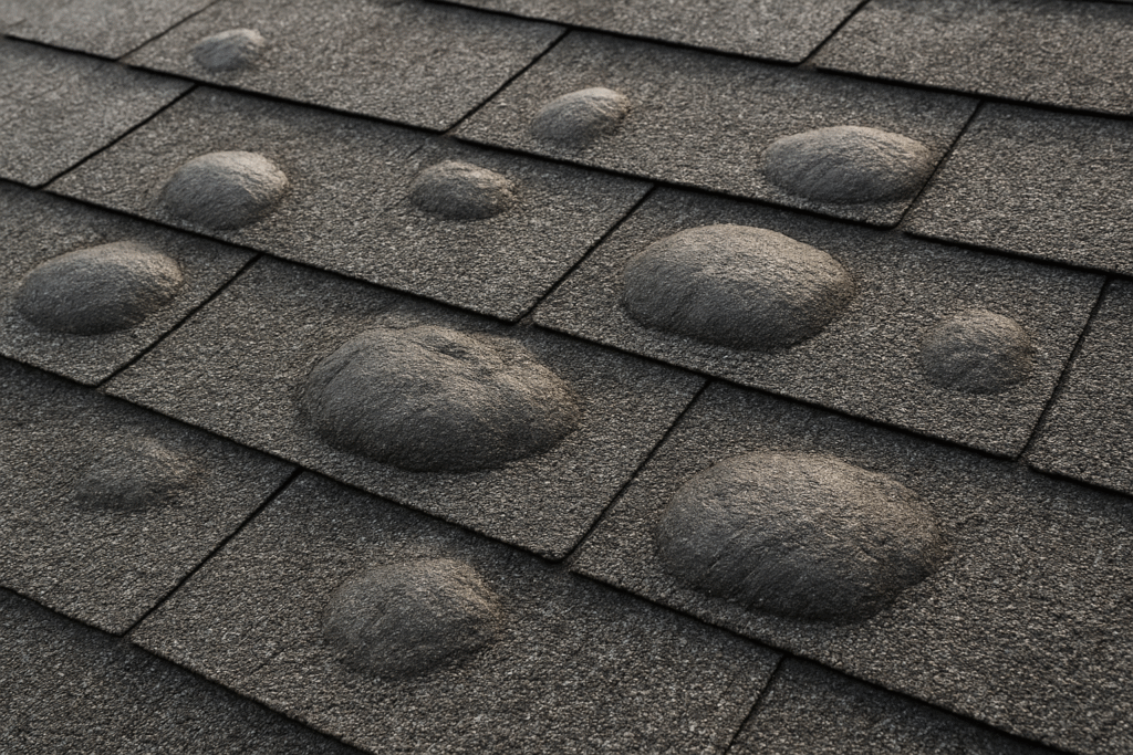 Close-up of asphalt roof shingles with large, round blisters and bubbles, indicating possible water damage or poor ventilation issues. The shingles appear uneven and damaged.