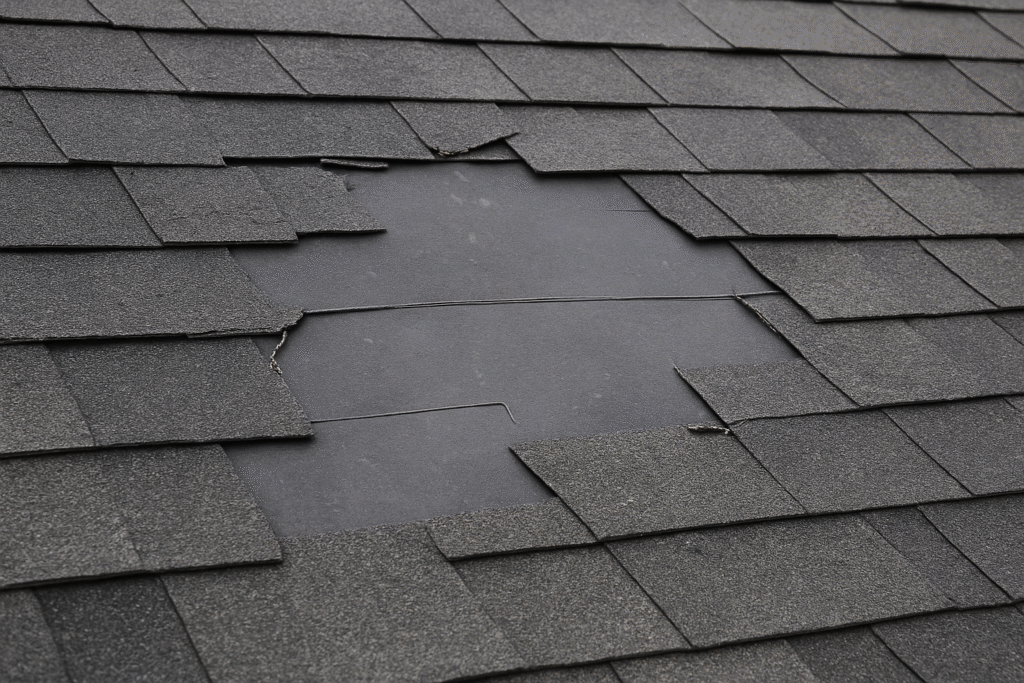 A close-up of a roof with dark gray asphalt shingles, showing a central area where several shingles are missing, exposing the underlayment beneath and some cracked shingles around the damaged section.