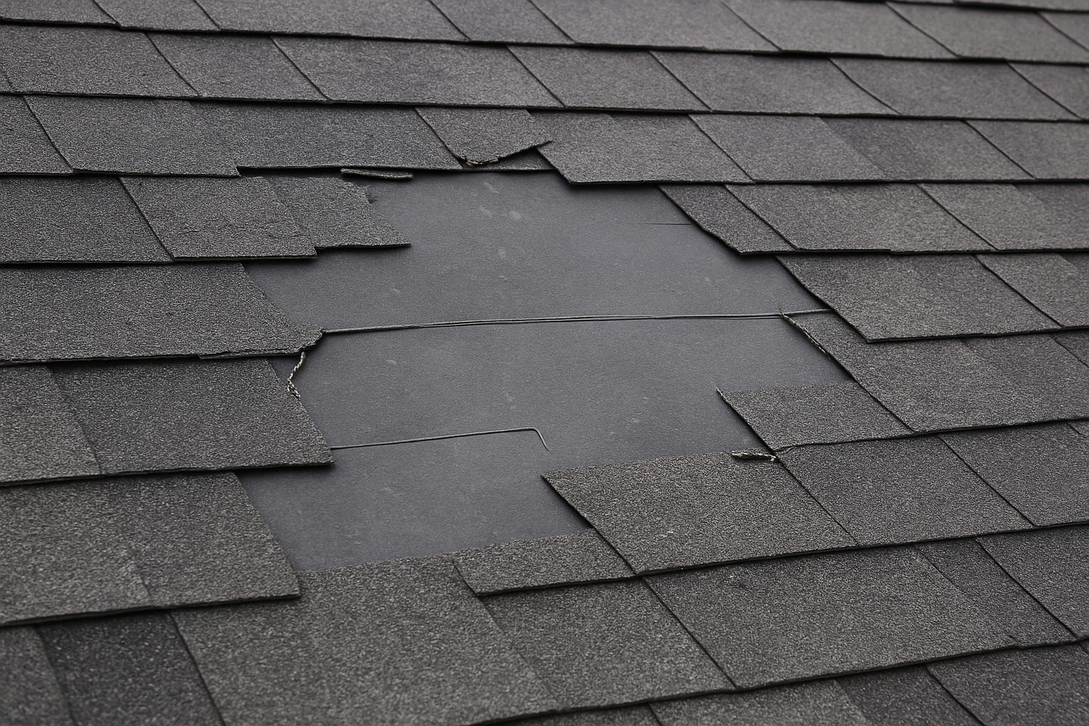 A close-up of a roof with dark gray asphalt shingles, showing a central area where several shingles are missing, exposing the underlayment beneath and some cracked shingles around the damaged section.
