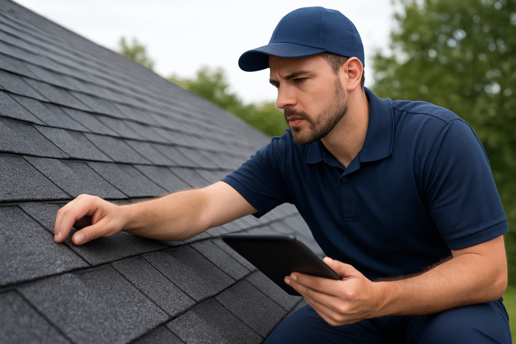 A man in a navy blue uniform and cap inspects roof shingles closely while holding a tablet, with trees visible in the background.