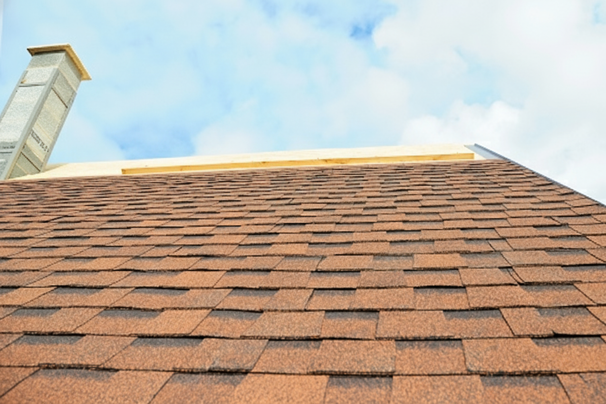 View looking up at a roof covered with brown asphalt shingles, with a chimney on the left and blue sky with clouds in the background.