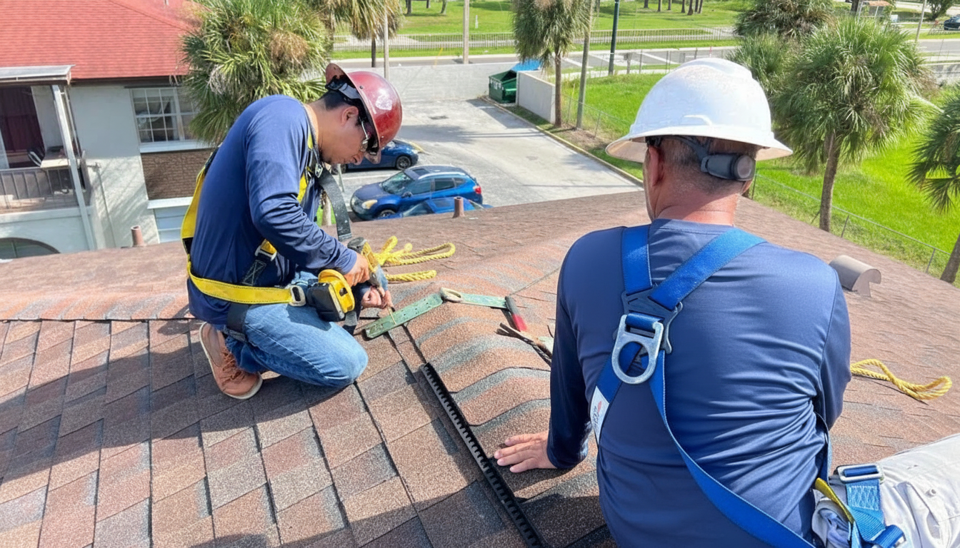 Roofing professional inspecting the protective gravel surface layer of a built-up roof system