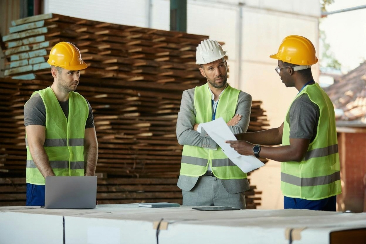 Business owner and roofing contractor reviewing inspection documents on a commercial property