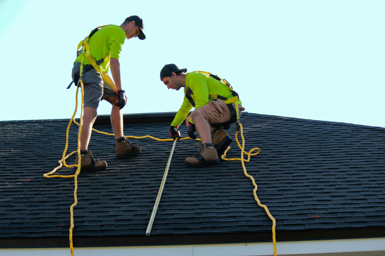 Professional roofing contractors installing Class 4 impact-resistant shingles on residential home