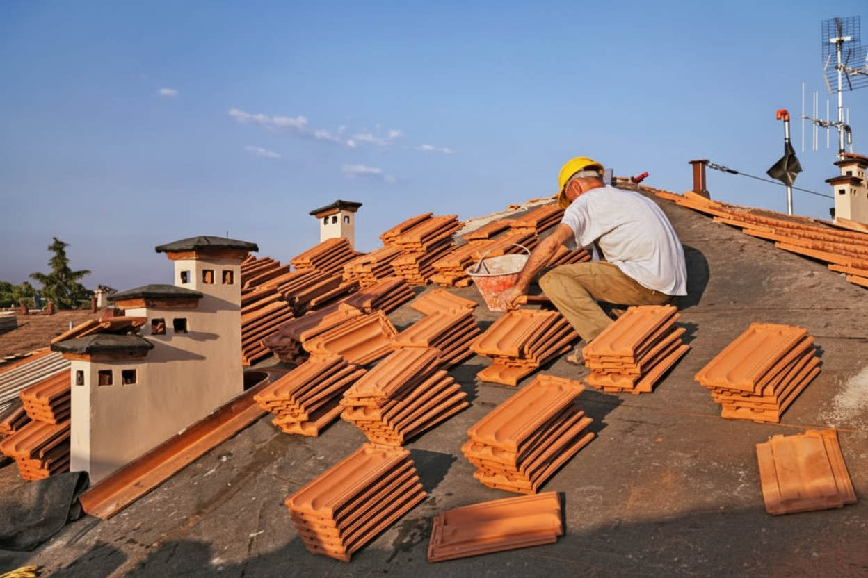 Professional roofers installing clay tiles on a residential home